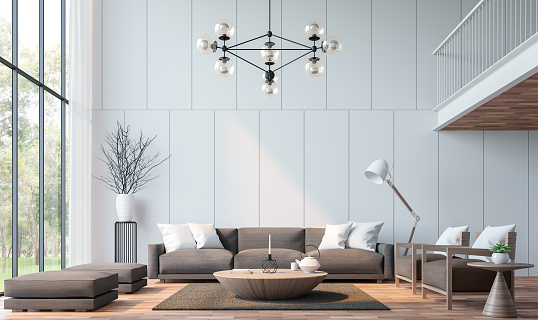 Modern living room with mezzanine 3d rendering image.There are wooden floor decorate wall with groove.furnished with brown fabric furniture.There are large windows look out to see the nature