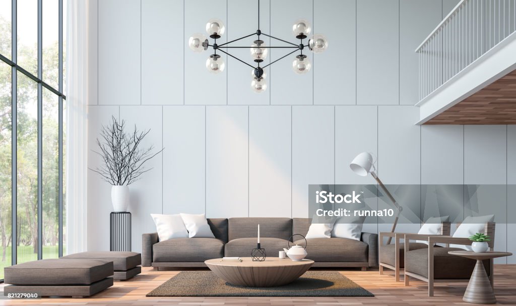 Modern living room with mezzanine 3d rendering image Modern living room with mezzanine 3d rendering image.There are wooden floor decorate wall with groove.furnished with brown fabric furniture.There are large windows look out to see the nature Living Room Stock Photo