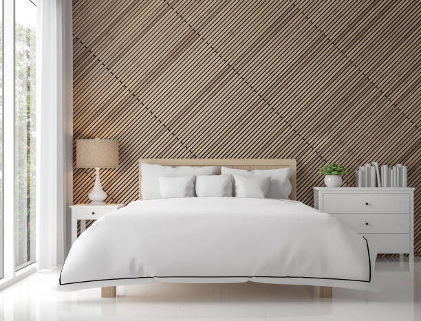 istock Modern contemporary bedroom interior with wood lattice 3d rendering image 821279052