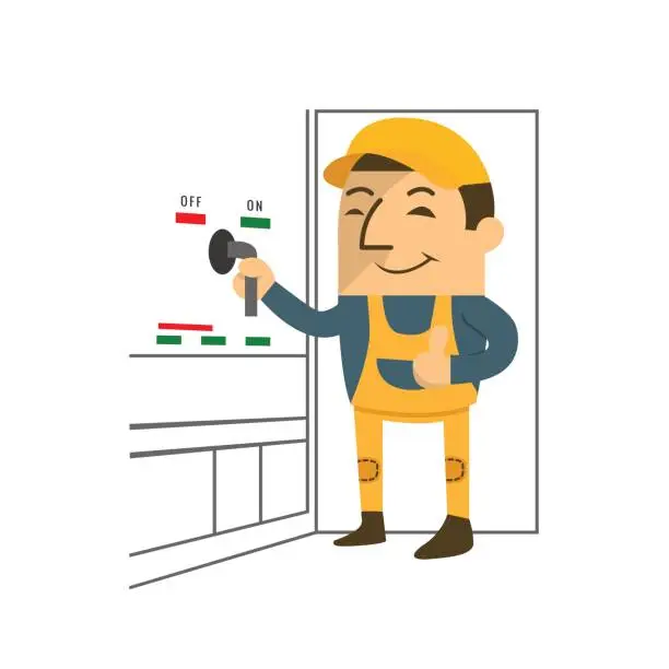 Vector illustration of A worker Turning off the electric circuit breaker.off switch.vector illustrator