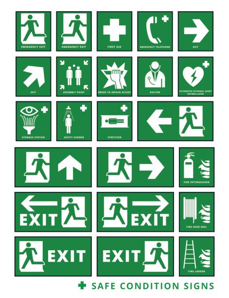 illustrations, cliparts, dessins animés et icônes de collection de panneaux verts de santé et de sécurité - direction arrow sign road sign escape