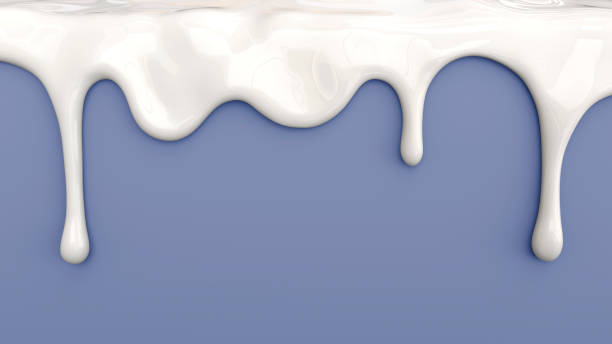 illustration 3d de lait blanc, verser sur fond bleu - goutte état liquide photos et images de collection