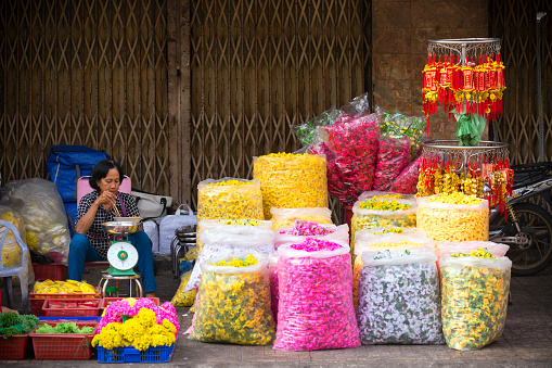 Ho Chi Minh City: Vietnamese woman selling silk flowers at the Binh Tay Market in the Cholon District of Ho Chi Minh City, Vietnam during the Chinese New Year.