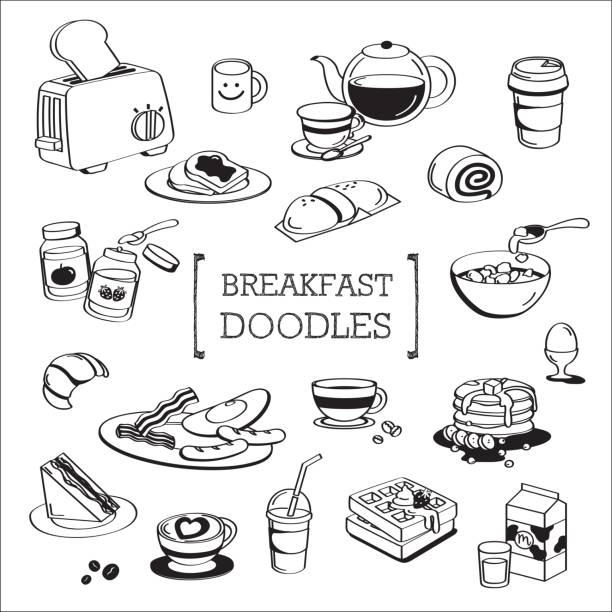 아침 식사 doodles.hand 드로잉 스타일 아침 식사입니다. - waffle sausage breakfast food stock illustrations