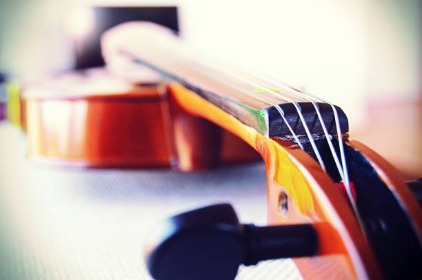 istock A violin shot laterally on off white self checkered background. 821319024