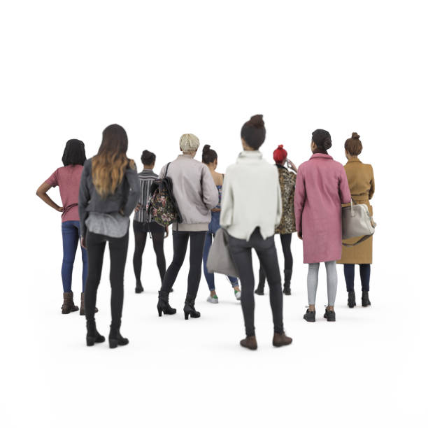 istock Back view of standing crowd girls. Illustration on white background, 3d rendering isolated. 821319418