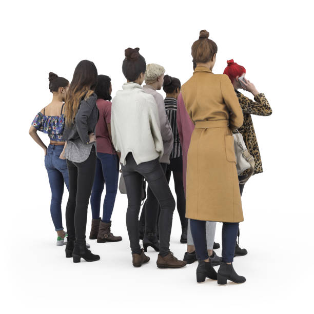 istock Back view of standing crowd girls. Illustration on white background, 3d rendering isolated. 821319630