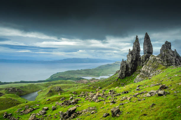 The Old Man of Storr with approaching storm, Isle of Skye, Scotland, United Kingdom