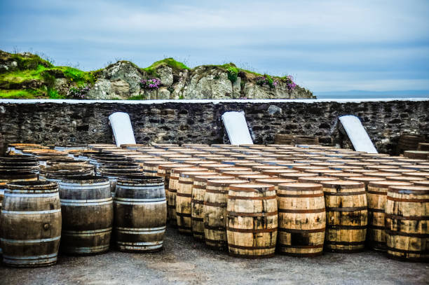 Whisky barrels by the sea Whisky barrels rest along a wall near the sea on the Isle of Islay, Scotland, United Kingdom bowmore whisky stock pictures, royalty-free photos & images