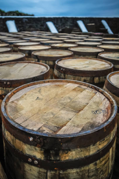 Whisky barrels rest along a wall near the sea on the Isle of Islay, Scotland, United Kingdom