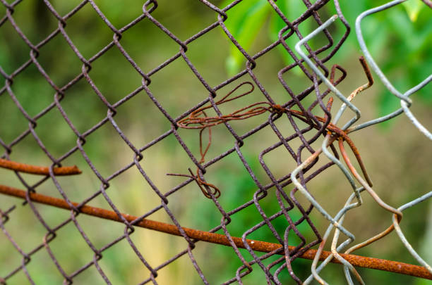 istock Post apocalyptic texture. Protection metallic steel mesh fence. 821331534