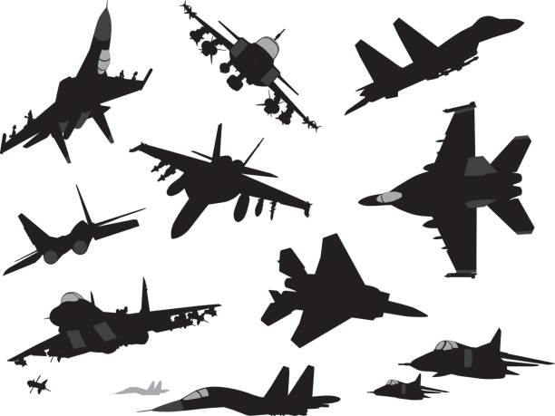 Military aircrafts set Military aircraft silhouettes collection. Vector airplane silhouettes stock illustrations