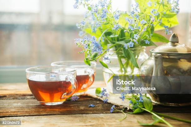 Tea And Forgetmenots Stock Photo - Download Image Now - Afternoon Tea, Balcony, Blossom