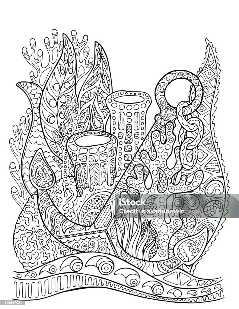 Anchor in coral reef adult coloring page. Underwater vector illustration. Black line bordered doodle coloring page. Summer vacation marine travel adult coloring book. Corals and anchor vertical card Coloring stock vector