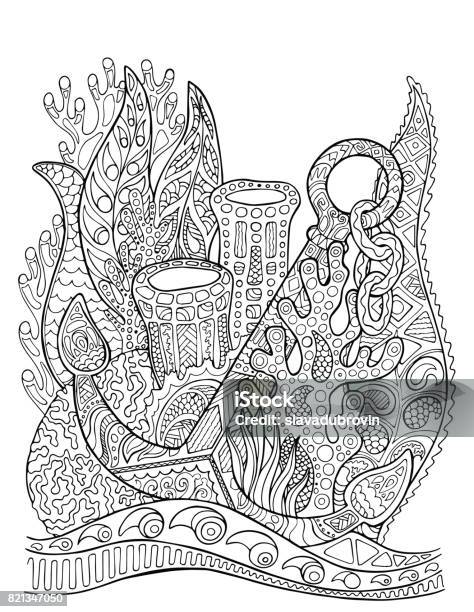 Anchor In Coral Reef Adult Coloring Page Underwater Vector Illustration Stock Illustration - Download Image Now