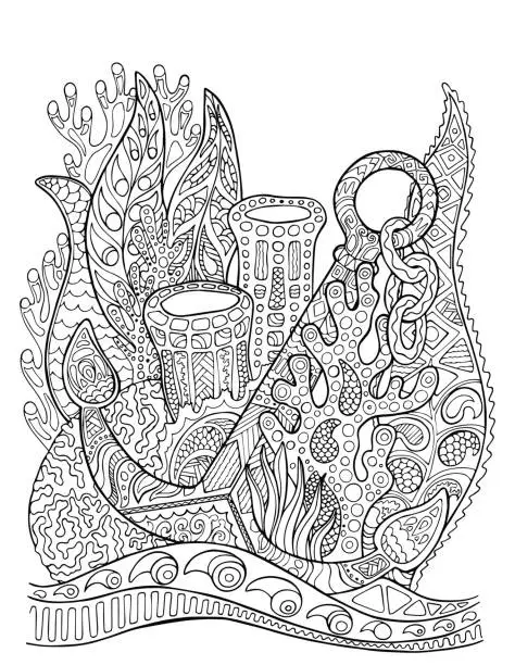Vector illustration of Anchor in coral reef adult coloring page. Underwater vector illustration.