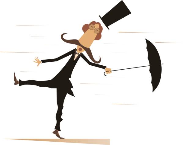 istock Cartoon man, umbrella and windy day isolated 821352514