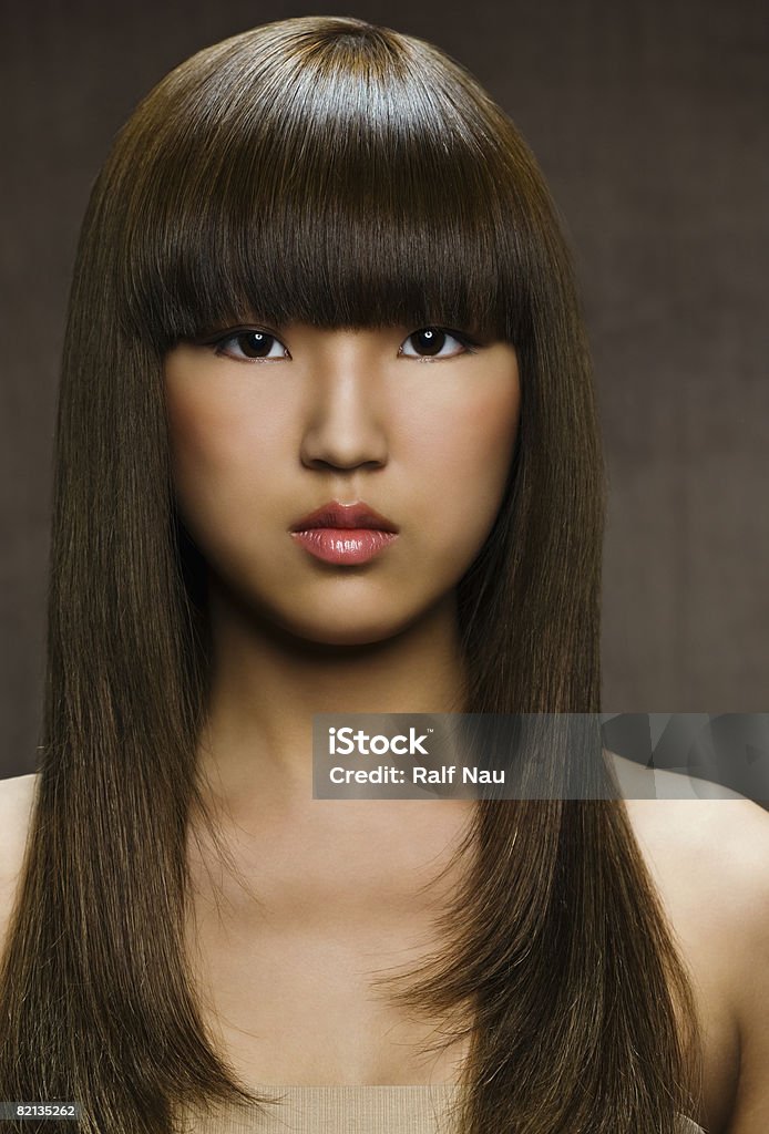  Natural Beauty Portrait Asian woman with shiny hair and glowing skin Bangs - Hair Stock Photo