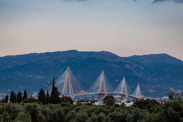 rio antirrio bridge greece - gulf of corinth imagens e fotografias de stock