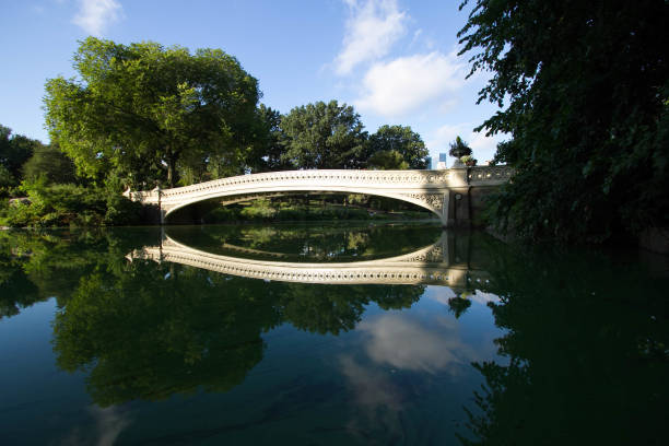 istock Bow bridge, trees and blue sky reflect on calming water at Central Park, New York 821356486