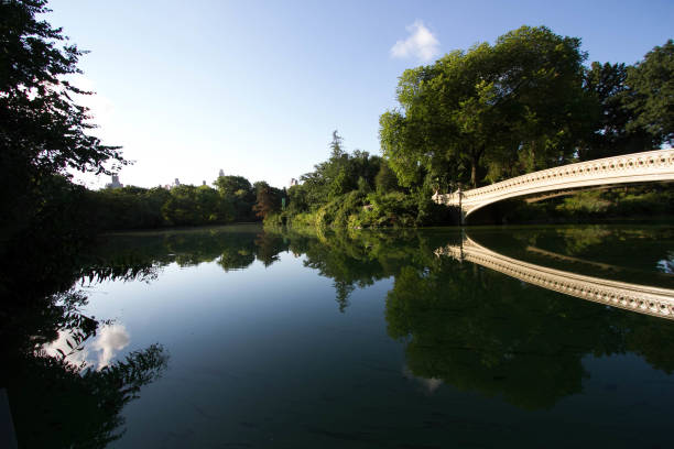 istock Bow bridge, trees and blue sky reflect on calming water at Central Park 821356498