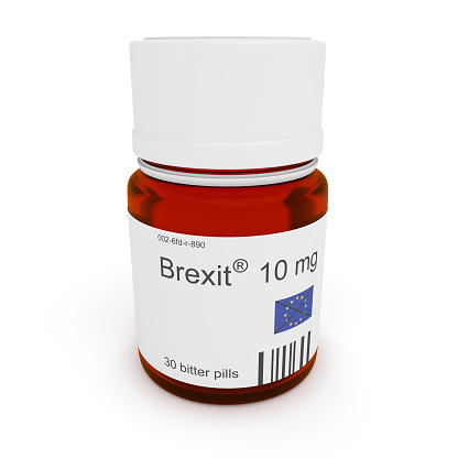 Pill bottle: Brexit, 10 mg, bitter pills, 3d illustration