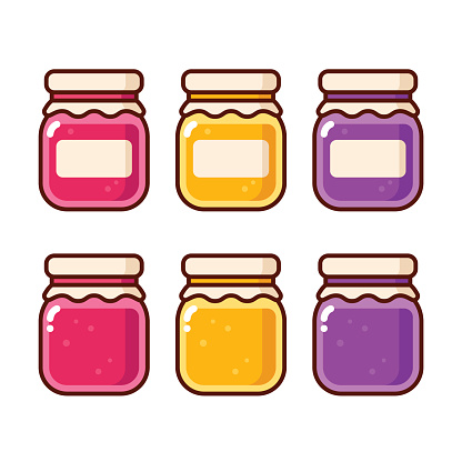 Bright cartoon jam icon set. Fruit preserves in glass jars vector illustration collection.