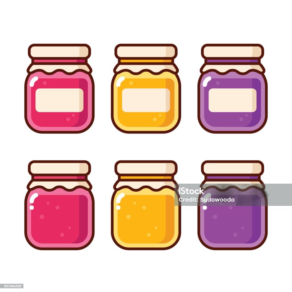 Jam jar icons Bright cartoon jam icon set. Fruit preserves in glass jars vector illustration collection. Preserves stock vector