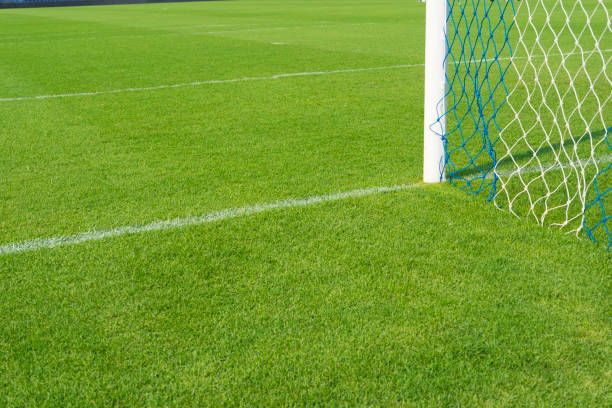 istock Soccer goal net against green background 821376116