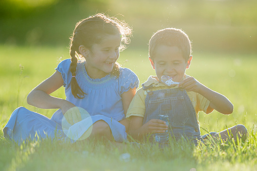 An Ethnic brother and sister are outdoors in a field on a sunny summer day. They are wearing casual clothing. The sister is sitting and watching her brother blow bubbles.