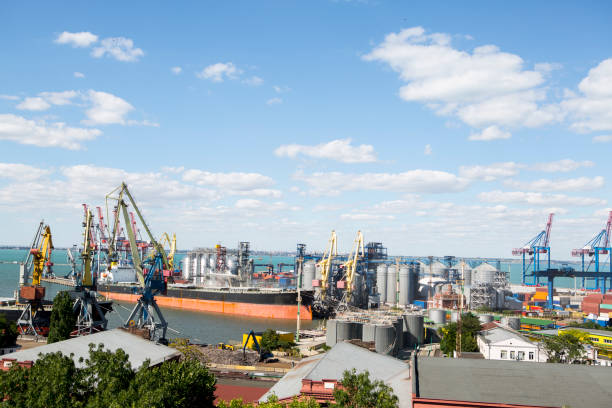 istock Port terminal of bulk cargo. Iron ore and grain terminal, elevator 821389650