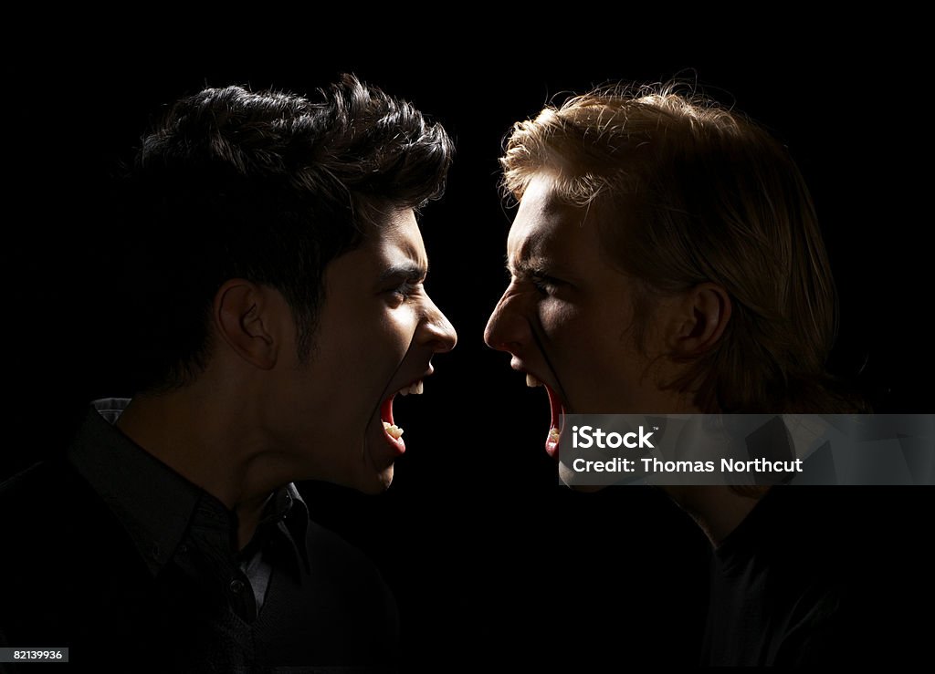 Teen Boy and Adult Male Yelling Digital Composite Arguing Stock Photo