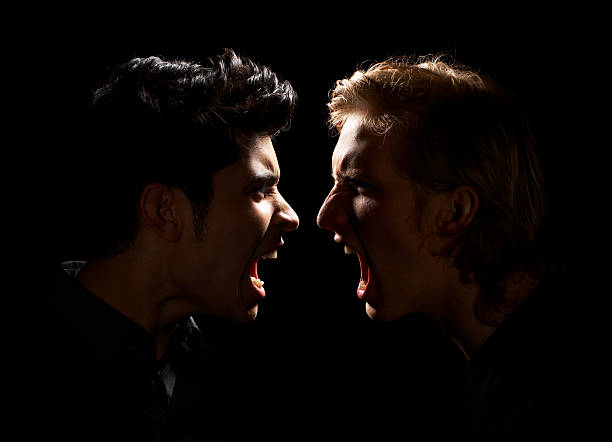Teen Boy and Adult Male Yelling Digital Composite face to face stock pictures, royalty-free photos & images