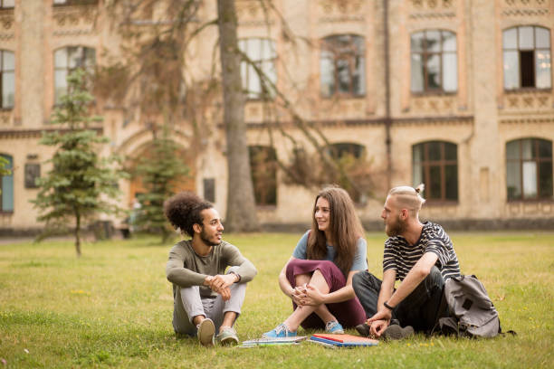 istock Two boys and girl sitting on the grass in campus. 821426196