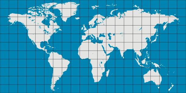 illustrazioni stock, clip art, cartoni animati e icone di tendenza di mappa del mondo con griglia di coordinate e meridiano e parallelo, mappa del pianeta terra - latitudine