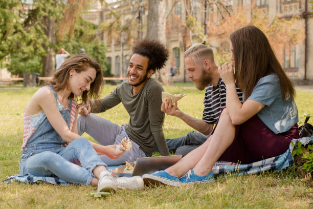 studenti che hanno picinico sull'erba di fronte all'università. - outdoors looking at camera little girls child foto e immagini stock