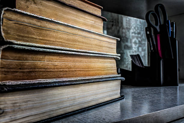 istock Books on the table. No labels, blank spine. 821433702