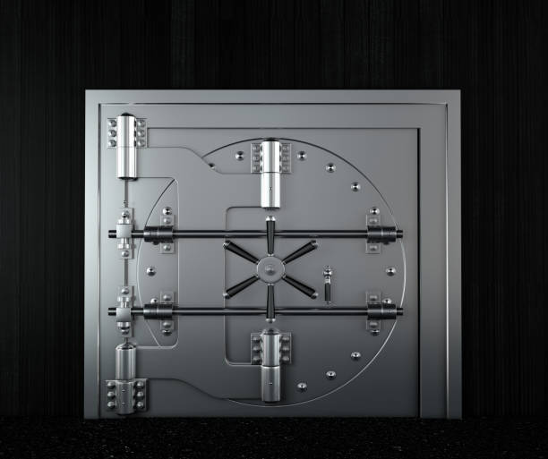 istock Front view of chrome bank vault door, closed. 3D Render 821433888