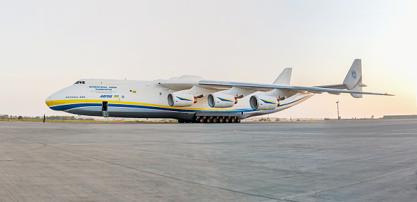 PRAGUE, CZE - MAY 12: Antonov 225 Mriya airplane on runway on Airport Vaclava Havla in Prague, May 12, 2016 PRAGUE, CZECH REPUBLIC. The biggest airplane in the world.