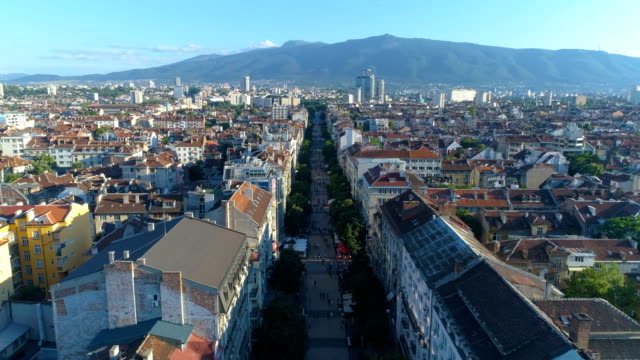 Beautiful shot of a drone flying over main street in the downtown district in Sofia, Bulgaria