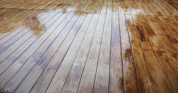 raining on wet wooden floor with reflection