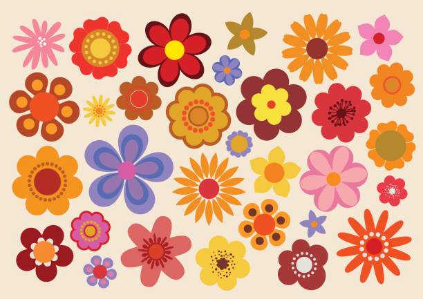 illustrations, cliparts, dessins animés et icônes de vintage fleurs 3 - style des années 1960