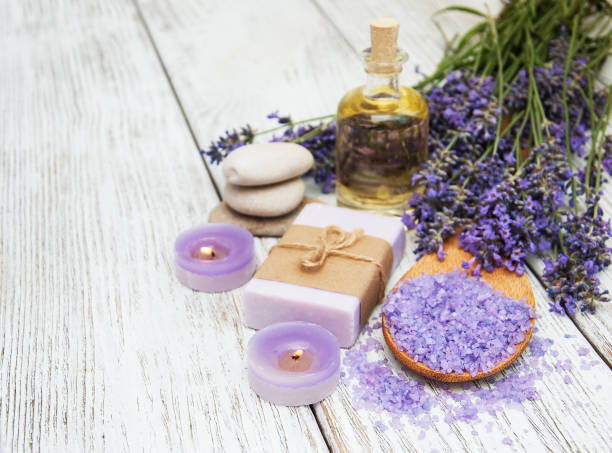 istock Spa products and lavender flowers 821471894