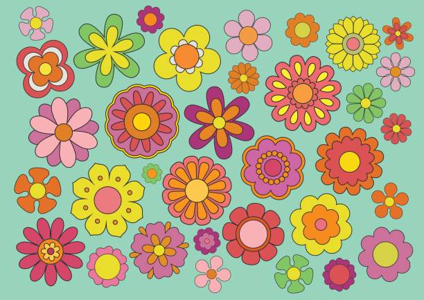 ilustraciones, imágenes clip art, dibujos animados e iconos de stock de 60 flores - hippy