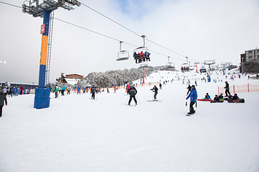 Mount Buller, Australia - 8th July 2017: Crowds of skiers at the winter sports resort high in the Mount Buller, Victoria.