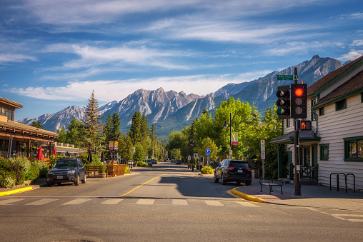 Canmore, Alberta: On the streets of Canmore in canadian Rocky Mountains. Canmore is located in the Bow Valley near Banff National Park and is a popular tourist destination.