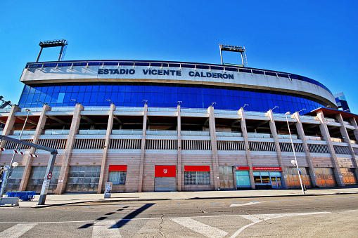 Madrid, Spain - March 15, 2017 - Vicente Calderon Stadium (Estadio Vicente Calderon, originally called the Manzanares Stadium), the home stadium of La Liga football club Atlético Madrid located in the Arganzuela district