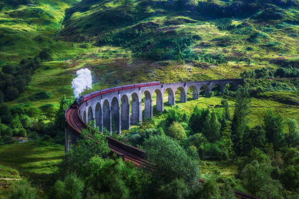 viadotto ferroviario di glenfinnan in scozia con un treno a vapore - glenfinnan foto e immagini stock