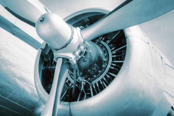 istock Old propeller aircraft, detailed look at the engine. Technical blue tinted 821485664