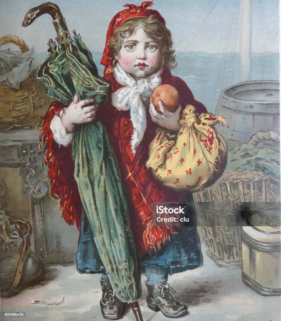The emigrant girl: standing on ship, holding an umbrella, apple and a cloth Illustration from 19th century Girls stock illustration